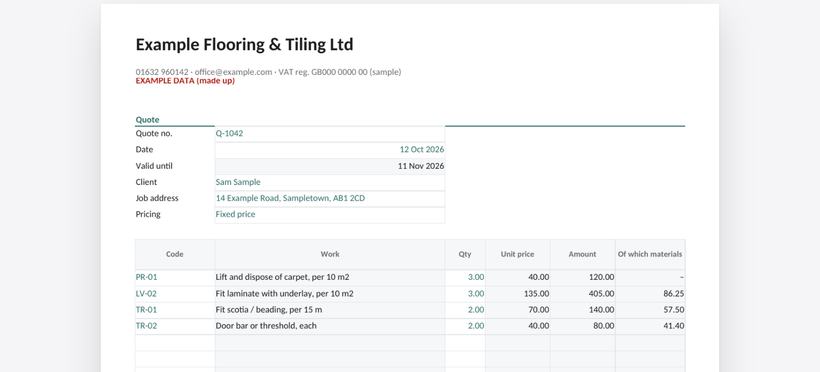 A quote made by the Floor Fitter and Tiler Business Kit spreadsheet (example data)