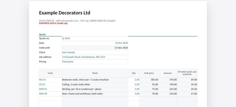 A quote made by the Painter and Decorator Business Kit spreadsheet (example data)